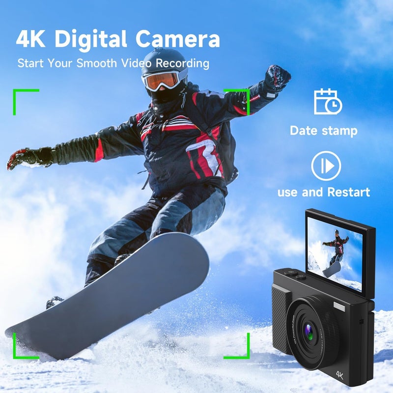 TZZPL 4K Digital Camera for Photography, 64MP Vlogging Video Camera for YouTube with 3'' 180°Flip Screen, 64GB Micro SD Card, 16x Digital Zoom Point Shoot Compact Travel Vintage Cameras (Black) - Image 3